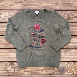 LOFT Outlet Floral Embroidered Sweater Olive Green Size Large